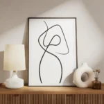 affiche dart abstrait avec une ligne noire continue et fluide sur fond blanc evo meuble.webp
