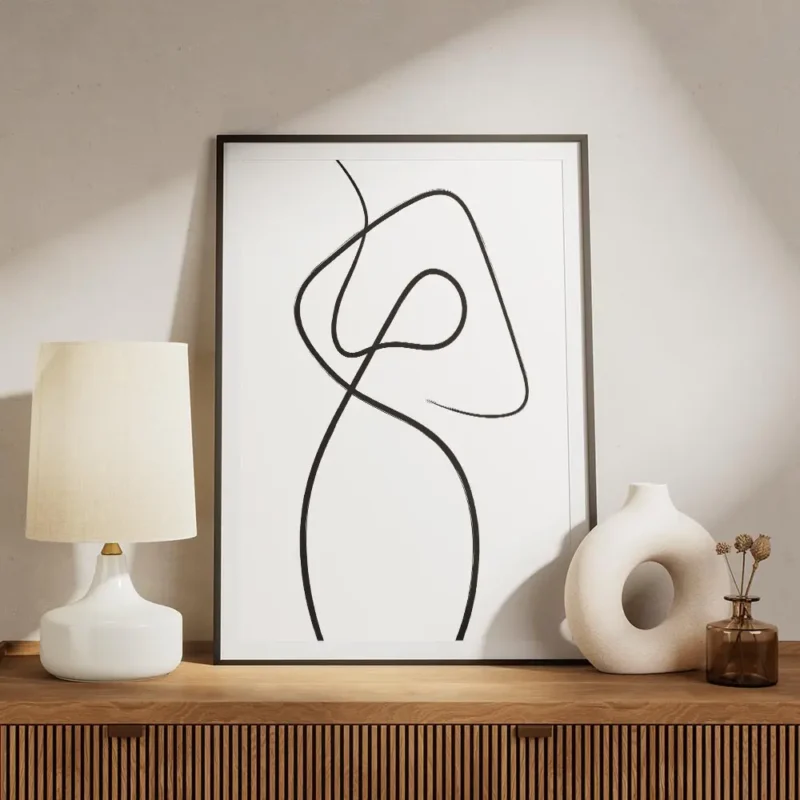 affiche dart abstrait avec une ligne noire continue et fluide sur fond blanc evo meuble.webp