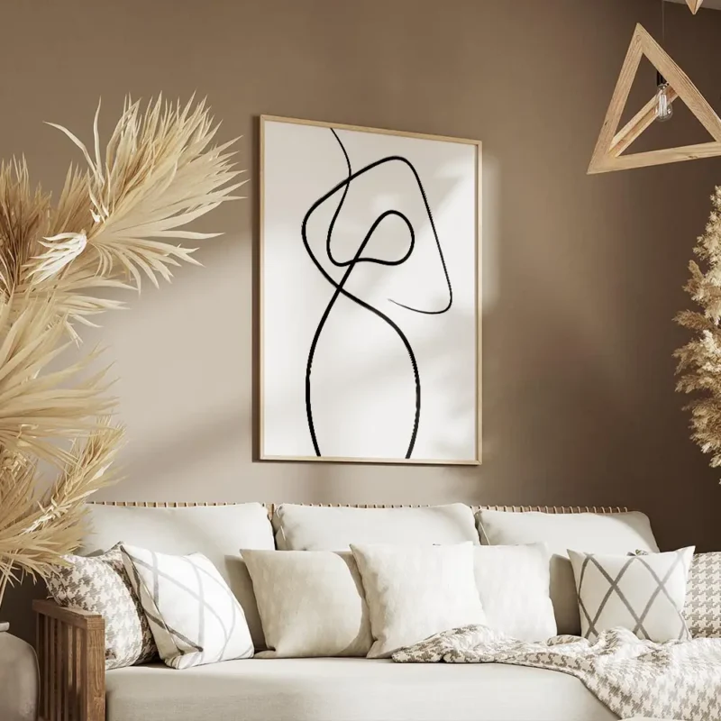 affiche dart abstrait avec une ligne noire continue et fluide sur fond blanc evo salon.webp