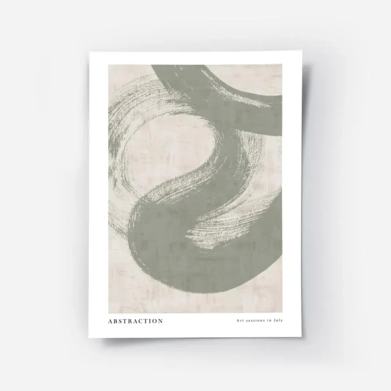 affiche dart abstrait avec une volute verte peinte sur un fond beige texture et .webp
