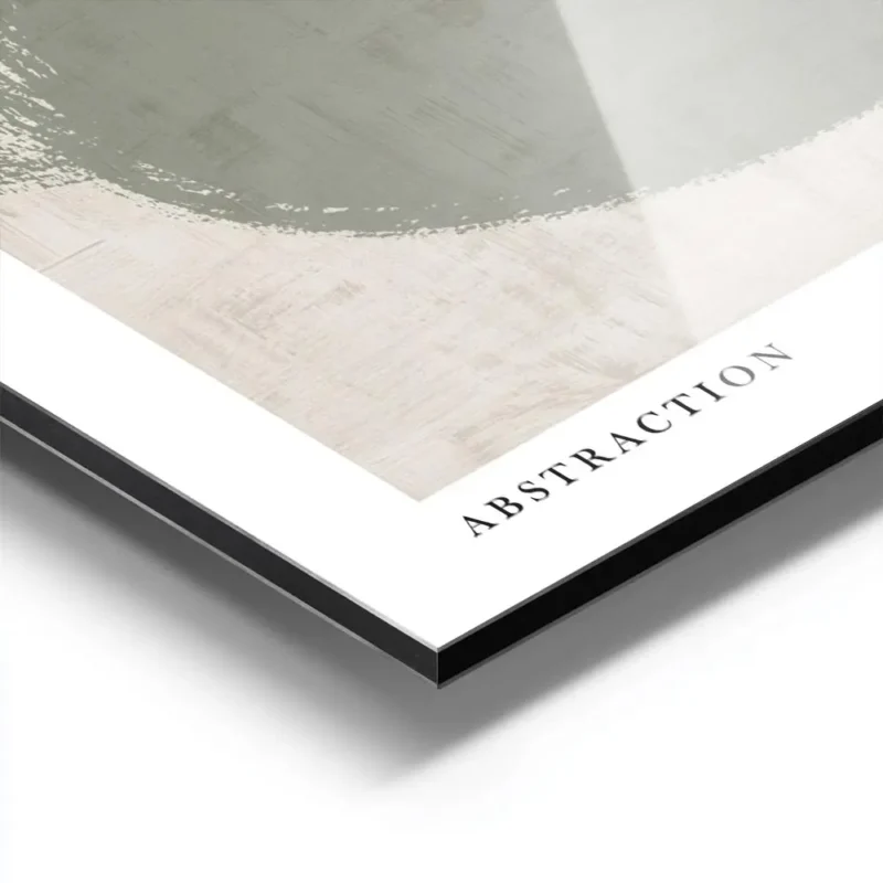 affiche dart abstrait avec une volute verte peinte sur un fond beige texture et aluminium.webp