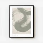 affiche dart abstrait avec une volute verte peinte sur un fond beige texture et avec cadre.webp
