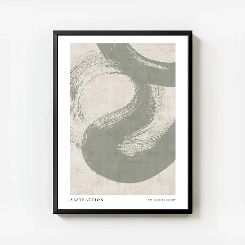 affiche dart abstrait avec une volute verte peinte sur un fond beige texture et avec cadre.webp