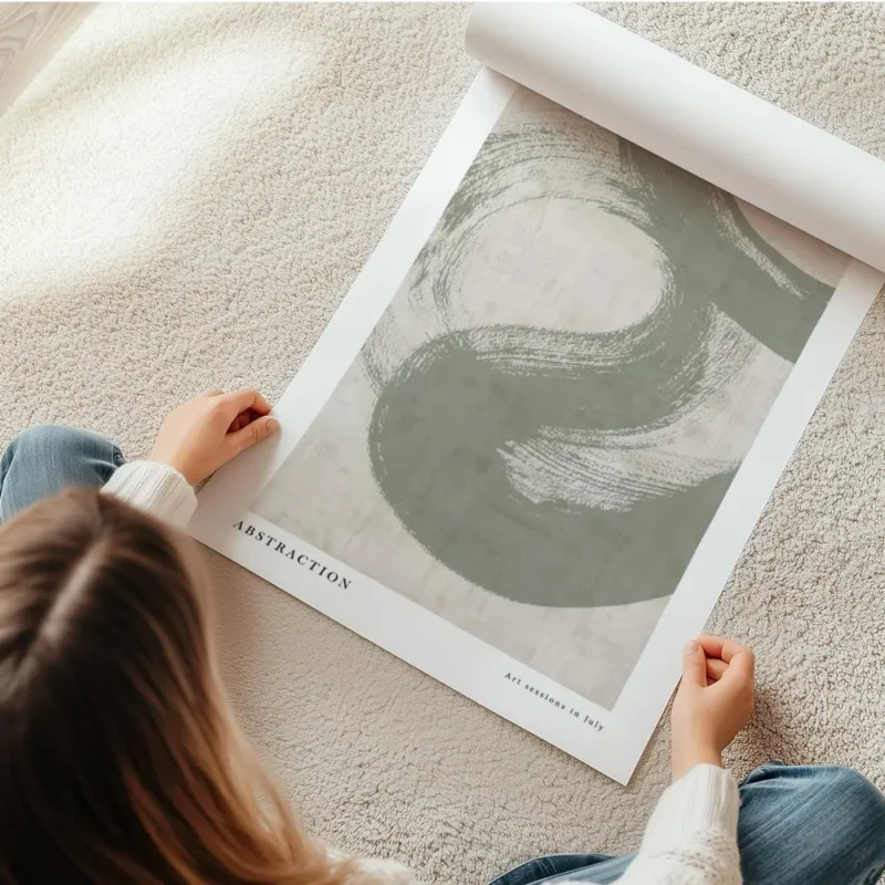 affiche dart abstrait avec une volute verte peinte sur un fond beige texture et en rouleau.webp
