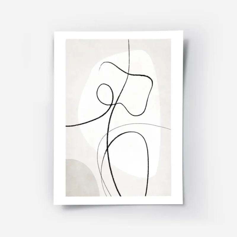 affiche dart abstrait beige et blanc avec des lignes noires et des formes organi.webp