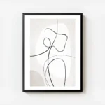 affiche dart abstrait beige et blanc avec des lignes noires et des formes organi avec cadre.webp