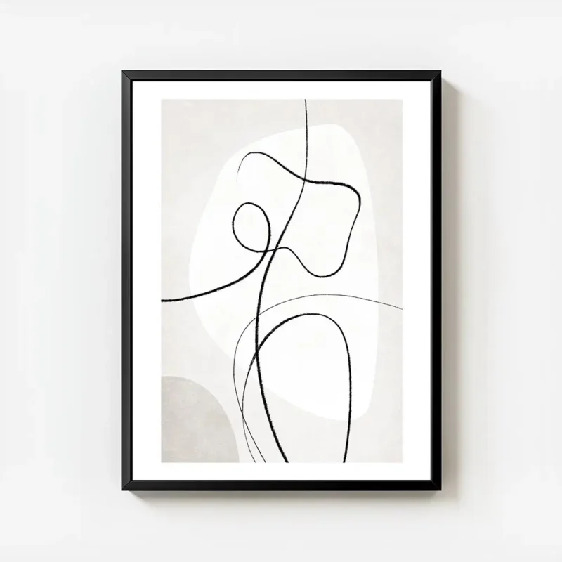 affiche dart abstrait beige et blanc avec des lignes noires et des formes organi avec cadre.webp