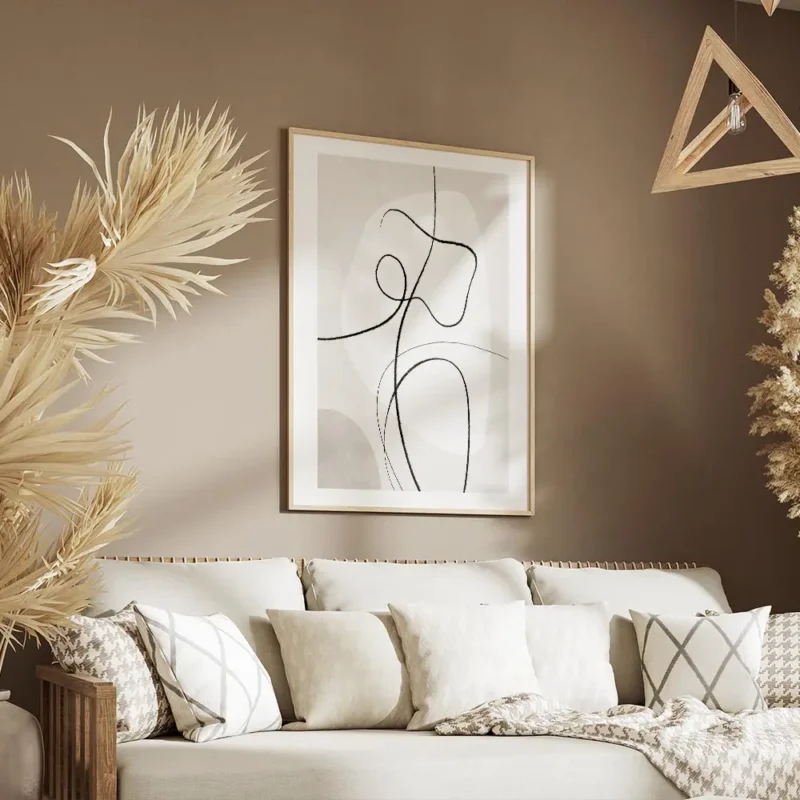 affiche dart abstrait beige et blanc avec des lignes noires et des formes organi salon.webp