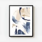 affiche dart abstrait bleu avec coups de pinceau beige et blanc ambiance epuree avec cadre.webp