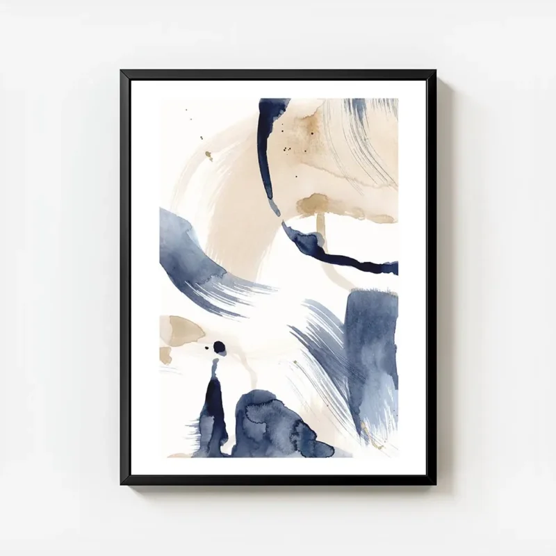 affiche dart abstrait bleu avec coups de pinceau beige et blanc ambiance epuree avec cadre.webp