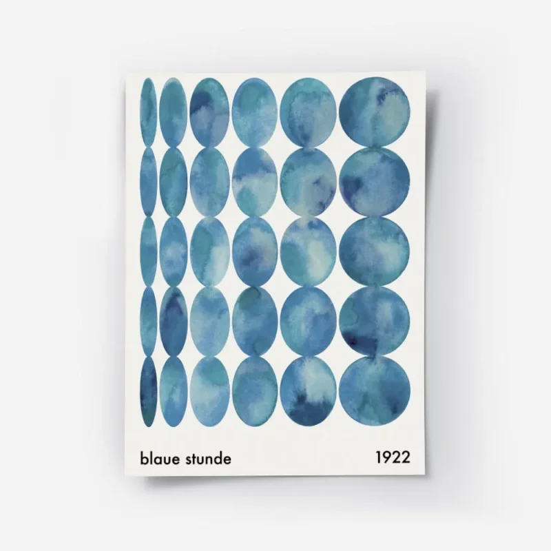 affiche dart abstrait bleu avec des cercles de formes variees et une typographie.webp