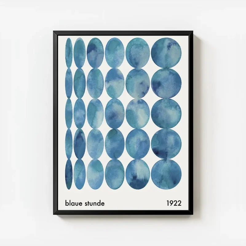 affiche dart abstrait bleu avec des cercles de formes variees et une typographie avec cadre.webp