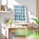 affiche dart abstrait bleu avec des cercles de formes variees et une typographie bureau.webp