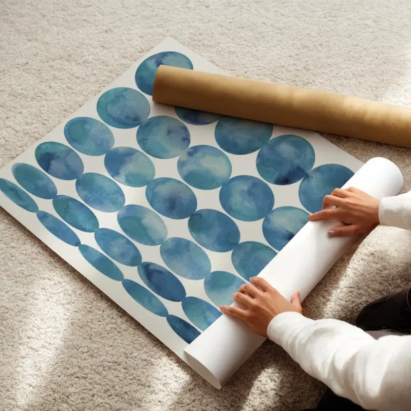 affiche dart abstrait bleu avec des cercles de formes variees et une typographie enroule.webp