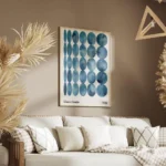 affiche dart abstrait bleu avec des cercles de formes variees et une typographie salon.webp