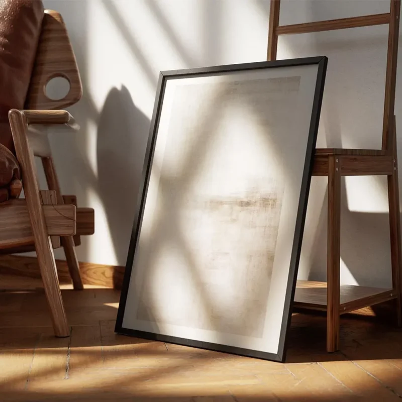 affiche dart abstrait calme beige avec des tons creme marron clair et blanc effe encadre.webp
