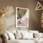 affiche dart abstrait colore avec des coups de pinceau epais en vert et rose salon.webp