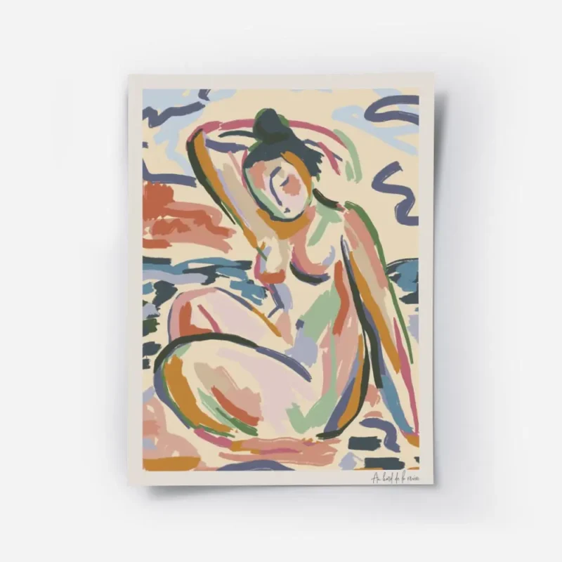 affiche dart abstrait colore dune femme assise au bord de la riviere avec des tr.webp