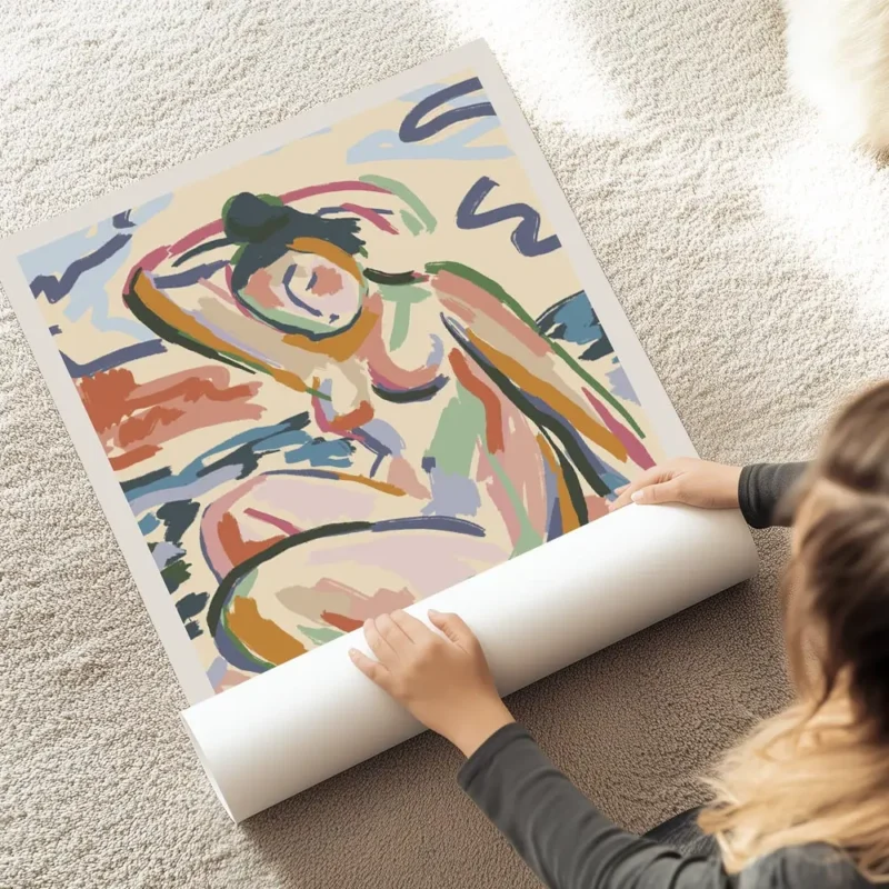 affiche dart abstrait colore dune femme assise au bord de la riviere avec des tr au sol.webp