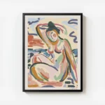 affiche dart abstrait colore dune femme assise au bord de la riviere avec des tr avec cadre.webp