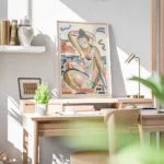 affiche dart abstrait colore dune femme assise au bord de la riviere avec des tr bureau.webp