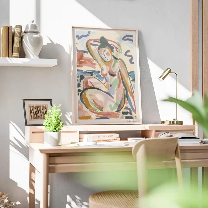affiche dart abstrait colore dune femme assise au bord de la riviere avec des tr bureau.webp
