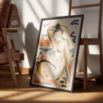 affiche dart abstrait colore dune femme assise au bord de la riviere avec des tr encadre.webp