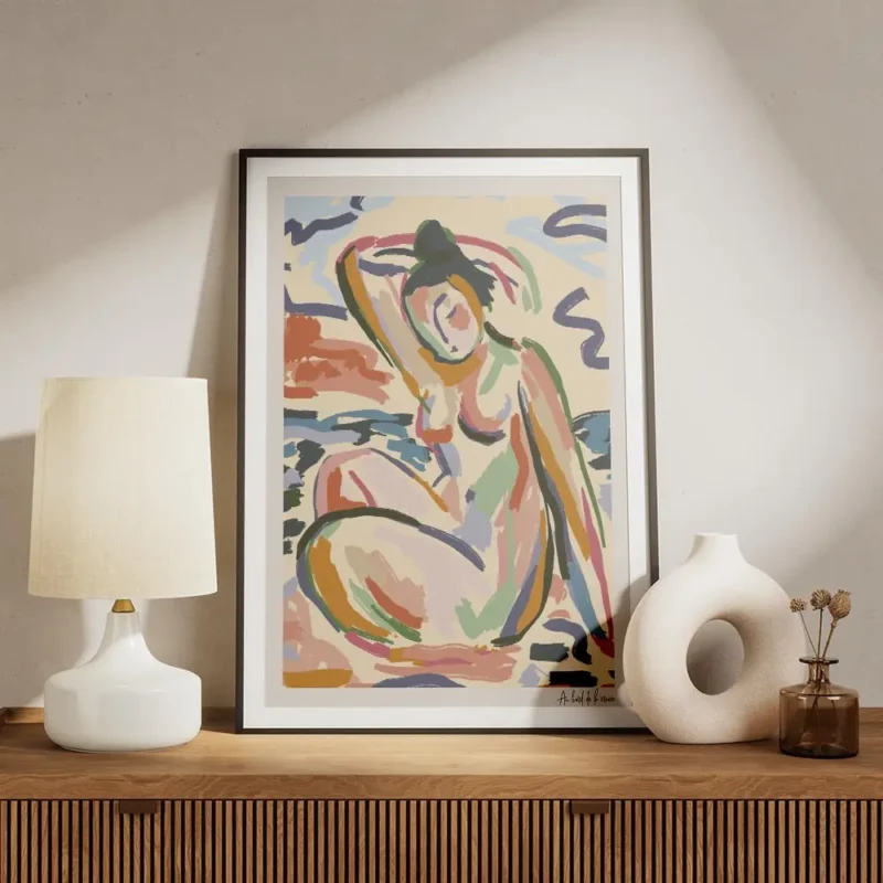 affiche dart abstrait colore dune femme assise au bord de la riviere avec des tr meuble.webp