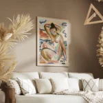 affiche dart abstrait colore dune femme assise au bord de la riviere avec des tr salon.webp