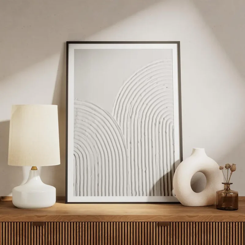 affiche dart abstrait contemporain avec deux arcs en relief de couleur gris beig meuble.webp
