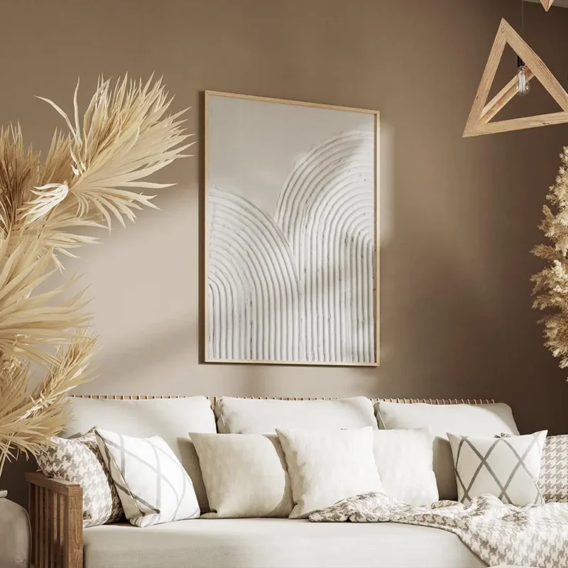 affiche dart abstrait contemporain avec deux arcs en relief de couleur gris beig salon.webp