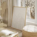 affiche dart abstrait contemporain avec deux arcs en relief de couleur gris beig salon beige.webp