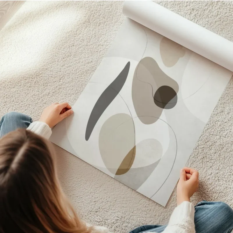 affiche dart abstrait contemporain representant une forme humaine avec des forme en rouleau.webp