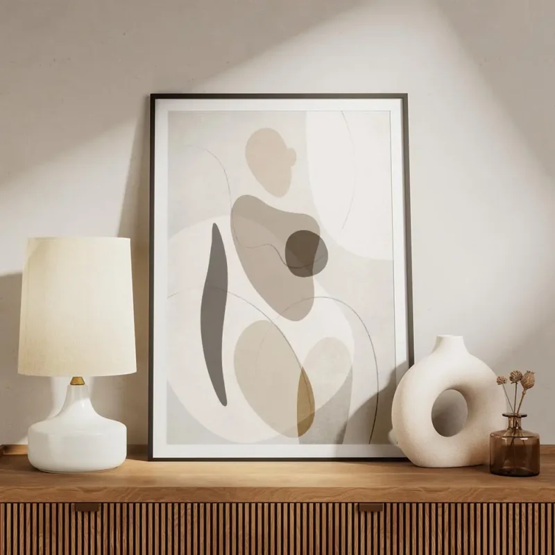affiche dart abstrait contemporain representant une forme humaine avec des forme meuble.webp
