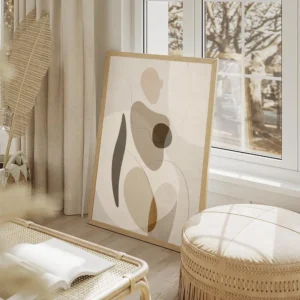 affiche dart abstrait contemporain representant une forme humaine avec des forme salon beige.webp