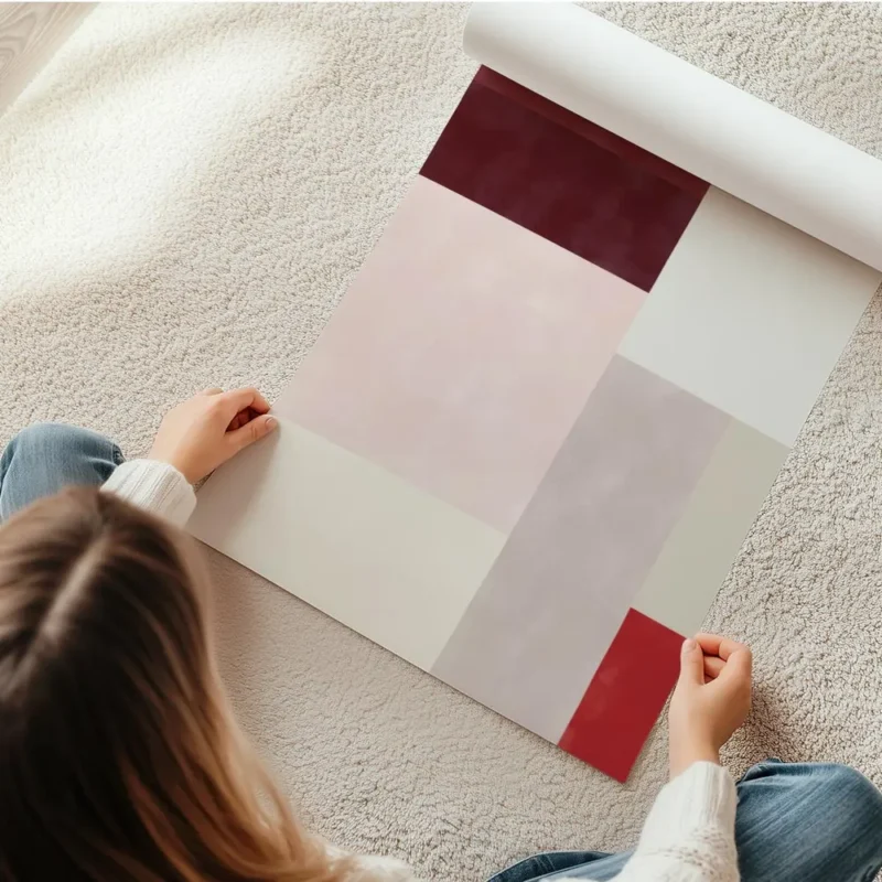 affiche dart abstrait de blocs de couleur rouge rose et beige avec une typograph en rouleau.webp