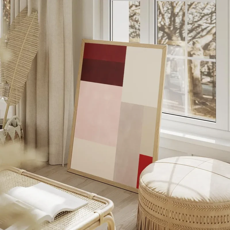 affiche dart abstrait de blocs de couleur rouge rose et beige avec une typograph salon beige.webp