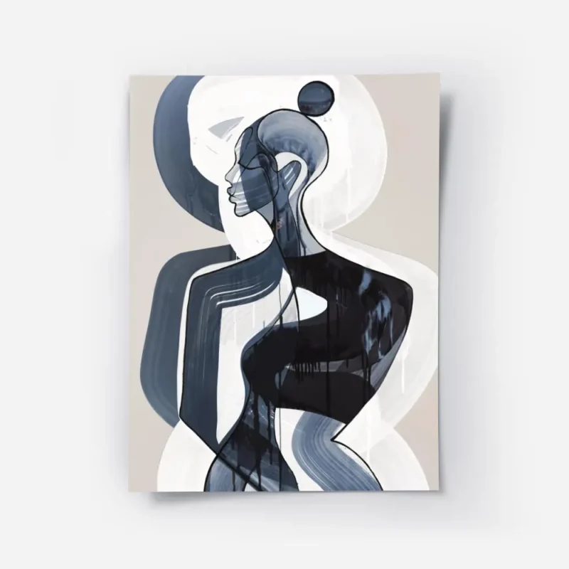 affiche dart abstrait de femme en bleu et blanc avec des contours noirs sur fond.webp
