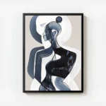 affiche dart abstrait de femme en bleu et blanc avec des contours noirs sur fond avec cadre.webp