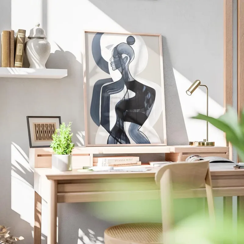 affiche dart abstrait de femme en bleu et blanc avec des contours noirs sur fond bureau.webp