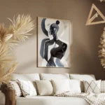 affiche dart abstrait de femme en bleu et blanc avec des contours noirs sur fond salon.webp