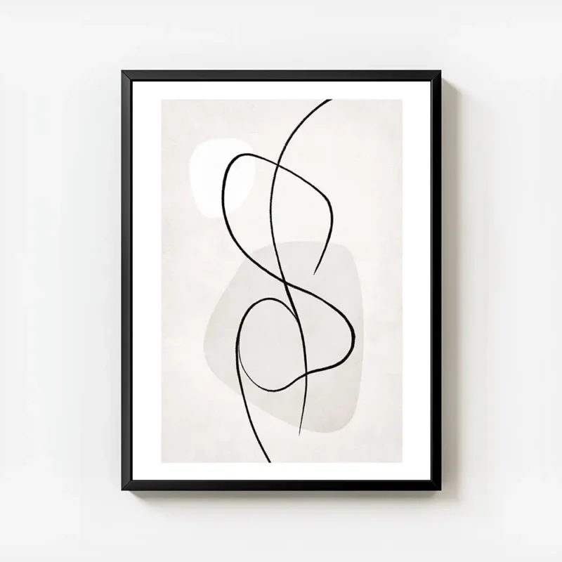affiche dart abstrait de line art noir corps humain stylise formes rondes grises avec cadre.webp