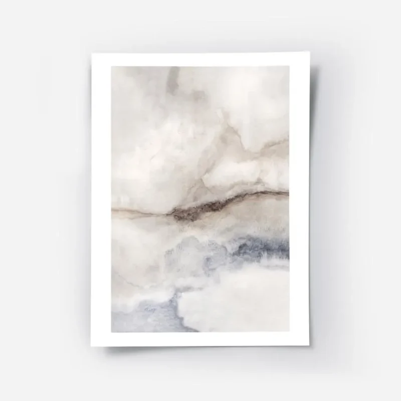 affiche dart abstrait de plage en aquarelle aux tons marron beige et bleu.webp