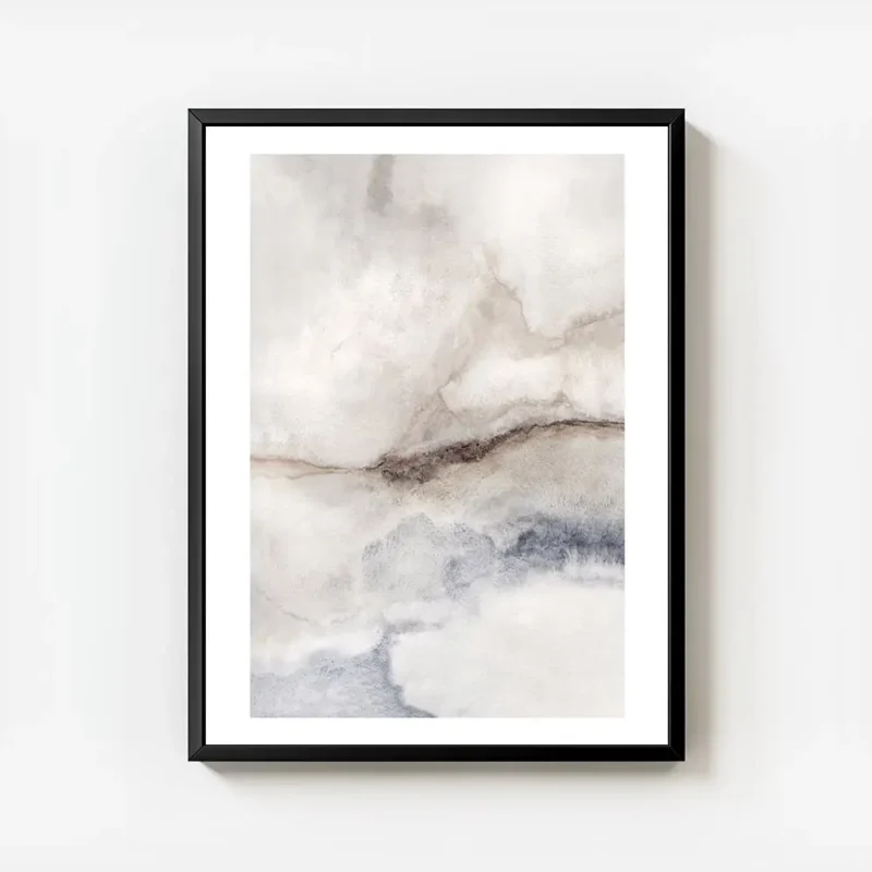 affiche dart abstrait de plage en aquarelle aux tons marron beige et bleu avec cadre.webp