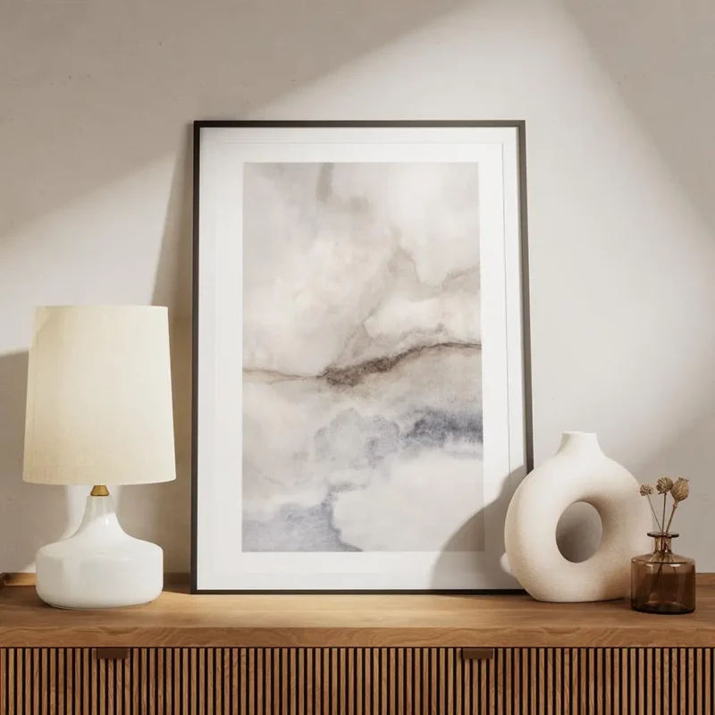 affiche dart abstrait de plage en aquarelle aux tons marron beige et bleu meuble.webp