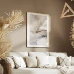 affiche dart abstrait de plage en aquarelle aux tons marron beige et bleu salon.webp