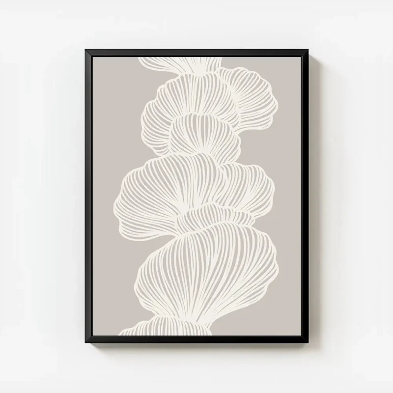 affiche dart abstrait design organique formes lineaires blanches sur fond beige avec cadre.webp