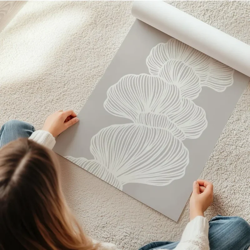 affiche dart abstrait design organique formes lineaires blanches sur fond beige en rouleau.webp