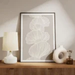 affiche dart abstrait design organique formes lineaires blanches sur fond beige meuble.webp