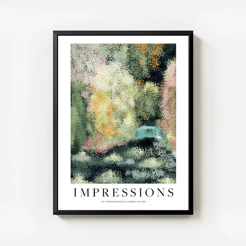 affiche dart abstrait dun jardin verdoyant avec des fleurs epanouies dans un sty avec cadre.webp